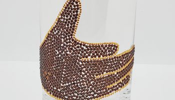 Brown and Gold Austrian Crystal Embellished Crystal 9oz Double Old-Fashioned drinking vessel w/Black Flip-Down Case TMM-1